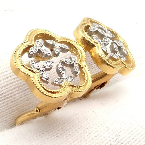 Authentic! Cathy Waterman 22k Yellow Gold Platinum Diamond Vine Flower Earrings - Picture 7 of 11